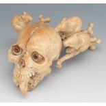 Carved Bone Skull with Rats Highly detailed carved bone skull and bones with four rats, glass