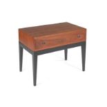 Harvey Probber Night Stand Single drawer walnut veneer night stand with two black and chrome round