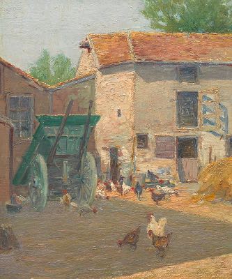 Cullen Yates (American, 1866-1945) Farmyard. Oil on canvas mounted down onto masonite, double signed