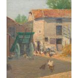 Cullen Yates (American, 1866-1945) Farmyard. Oil on canvas mounted down onto masonite, double signed