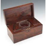 Antique Wooden Tea Caddy Ribbon Mahogany veneered tea caddy with cast brass handle at the top of the