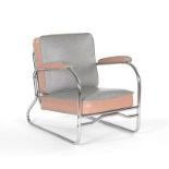 Streamline Lounge Chrome Chair in the Manner of KEM Weber, ca. 1930s Lounge chair, curved tubular