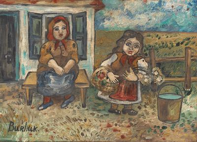 David Burliuk (Russian, 1882-1967) Farm Girls. Oil on canvas, signed in the lower left corner, not