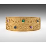 Ladies' Gold and Gemstone Bangle Bracelet 18k yellow gold hinged wide bangle bracelet, with