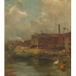Henry George Keller (American, 1869-1949) Riverside dwelling with chickens. Oil on board, signed
