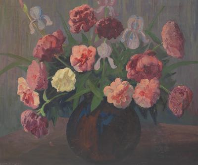 Walter Alexander Bailey (American, 1894-1989) Peonies and Irises. Oil on canvas, signed at the lower