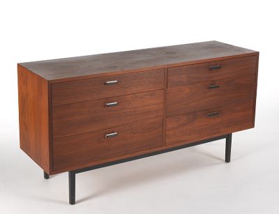 Harvey Probber Dresser Walnut double side dresser with six drawers, metal pulls, set on a recessed