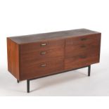 Harvey Probber Dresser Walnut double side dresser with six drawers, metal pulls, set on a recessed