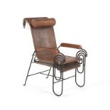 Art Deco Leather and Iron Lounge Chair Leather tied upholstery, wrought iron frame with pull-out