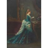 Painting Indistinctly Signed "Eliza" Interior with Victorian lady reading a letter, a small box with