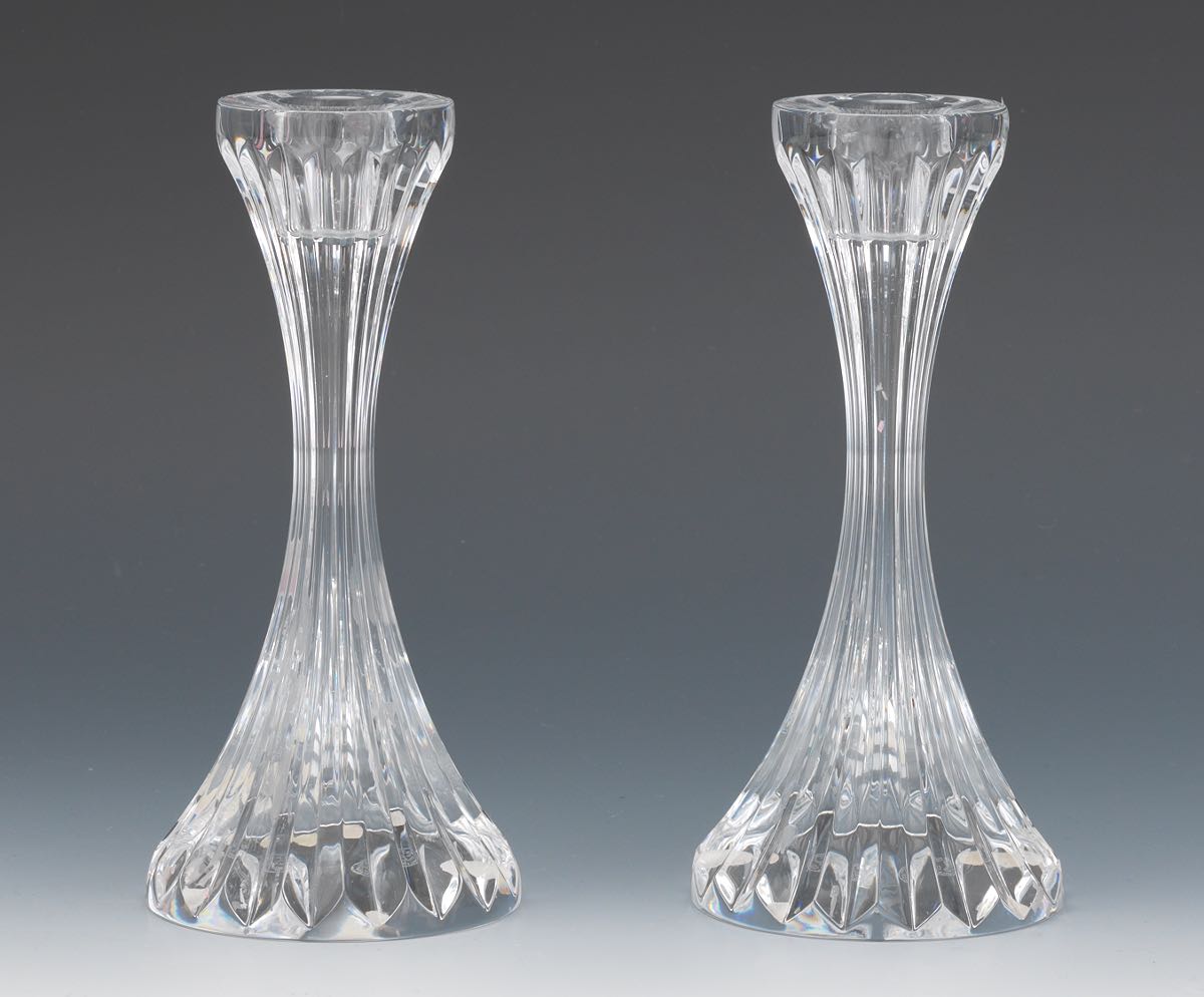 A Pair of Baccarat Candlesticks 6-1/8"Modern tapering shape with furrowed sides, Baccarat logo - Image 2 of 6