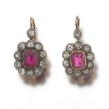 A Pair of Austro-Hungarian Ruby and Diamond Pendant Earrings, ca. Early 20th Century  5/8 in. 14k