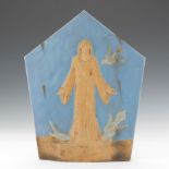 St. Francis Relief Plaque 15 1/2" x 12 1/2"Trapezoid shaped glazed ceramic plaque depicting Saint