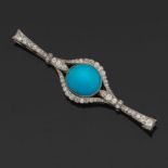 Diamond and Persian Turquoise Brooch  2-Â½ in. 18k white gold bar brooch set with old European cut