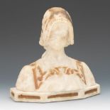 Alabaster Bust of a Maiden 10-1/2" x 10" x 5"Carved alabaster bust of a maiden rests on shaped base,