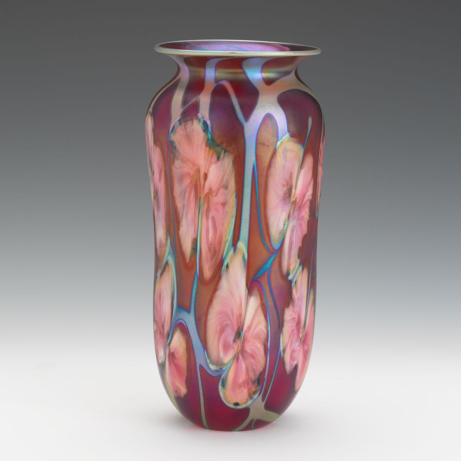 John Lotton Iridescent Ruby Red Art Glass Vase in "Lilly Pads" Pattern, dated 1989 9-1/2" x 4-3/4" - Image 5 of 8