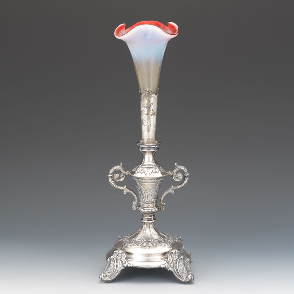 German Silver and Glass Centerpiece  14" x 5"800 silver standard base with scroll and acanthus