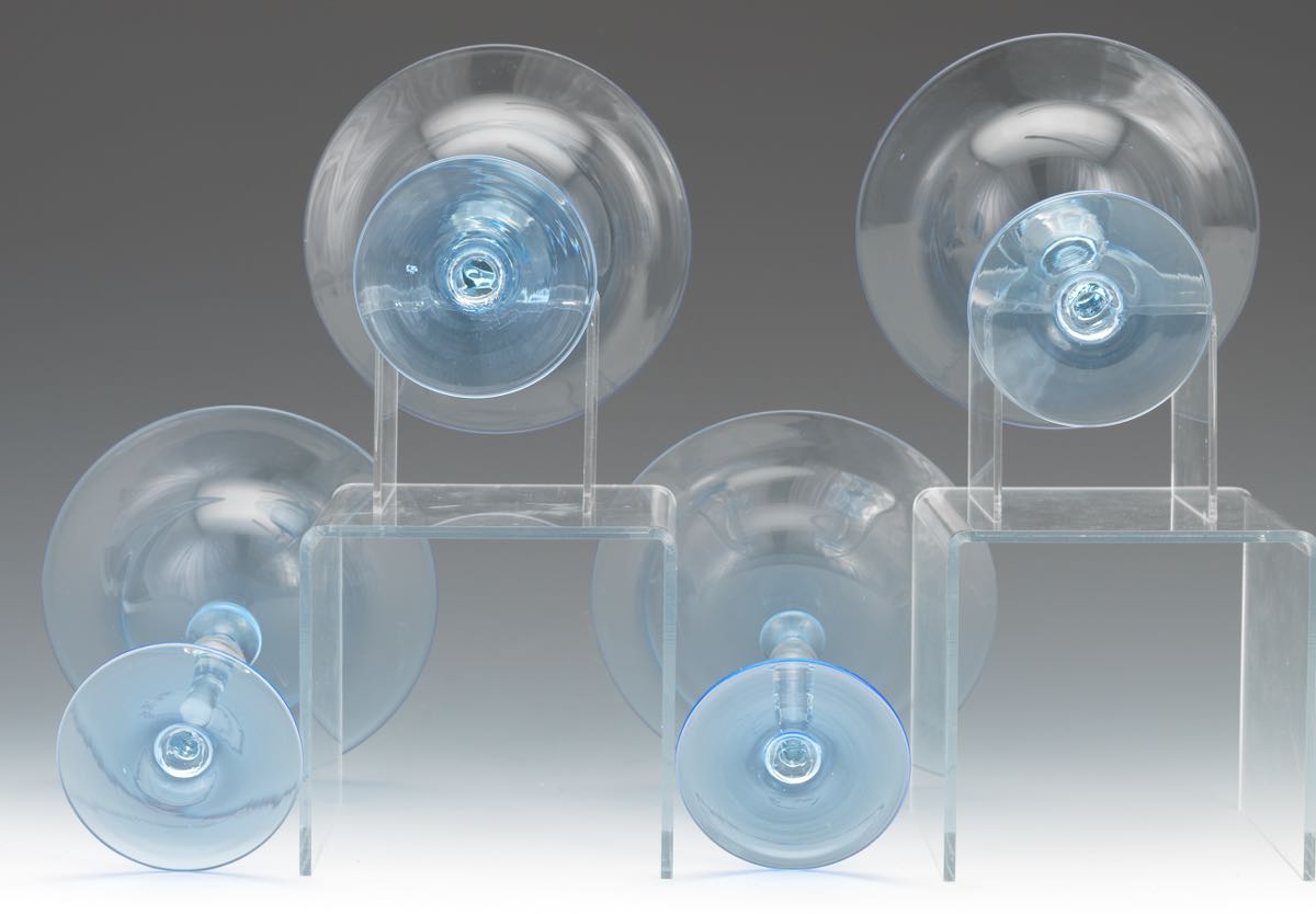 Four Blue Glass Compotes nullFour clear blue and clear blown glass compotes in a shape by Steuben, - Image 6 of 6