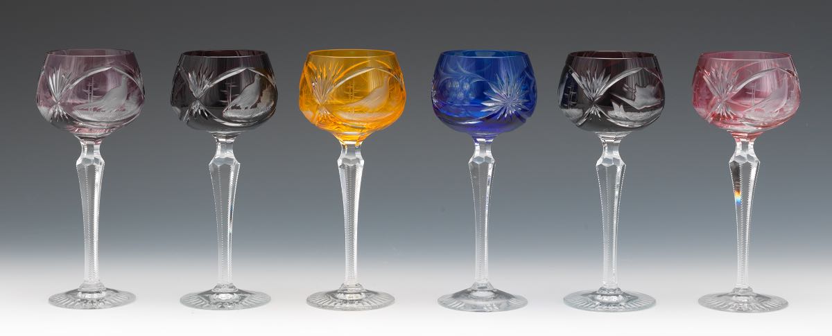 Eleven Bohemian Cut Back Wine Goblets 7-1/2"Of various colorations, tall cut crystal wine goblets - Image 8 of 12