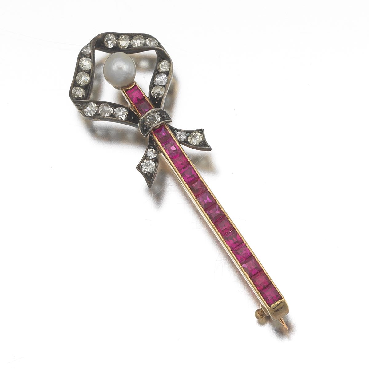 Austro-Hungarian Ruby, Diamond and Pearl Brooch, Vienna, ca. 1900  2 x 1/4 in. 14k yellow gold bar - Image 2 of 4