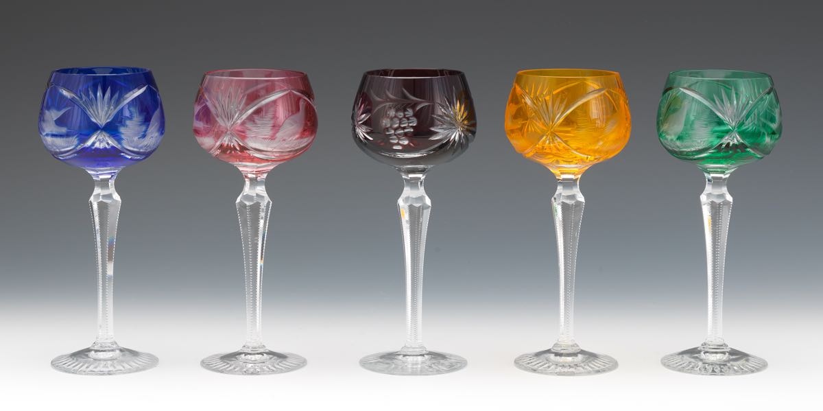 Eleven Bohemian Cut Back Wine Goblets 7-1/2"Of various colorations, tall cut crystal wine goblets - Image 4 of 12