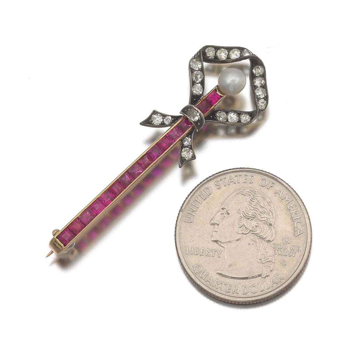 Austro-Hungarian Ruby, Diamond and Pearl Brooch, Vienna, ca. 1900  2 x 1/4 in. 14k yellow gold bar - Image 3 of 4