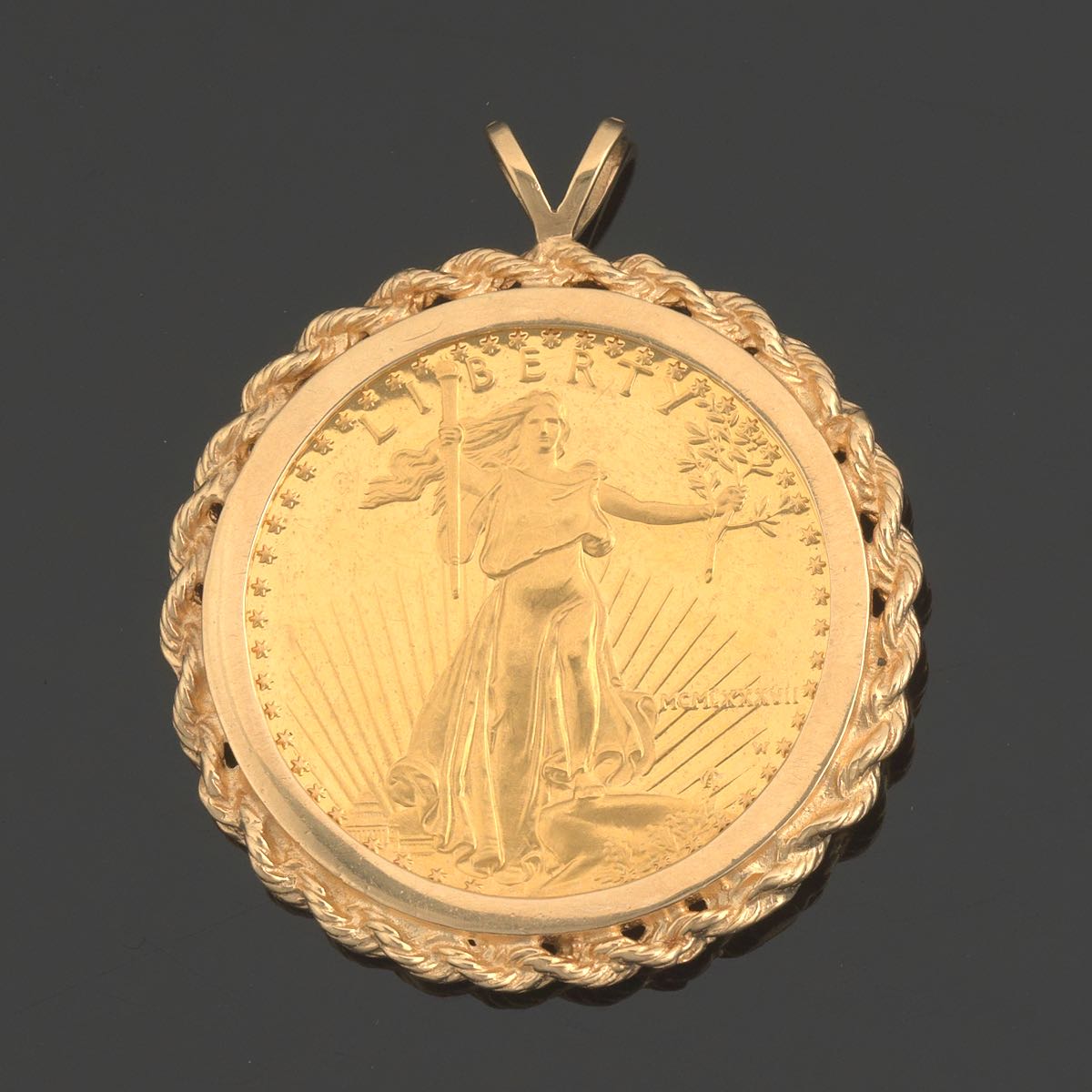 Liberty Fifty Dollar Gold Coin Pendant  1-1/2 x 1-1/2 in. 1 oz Fine gold 50 Dollar coin in a 14k