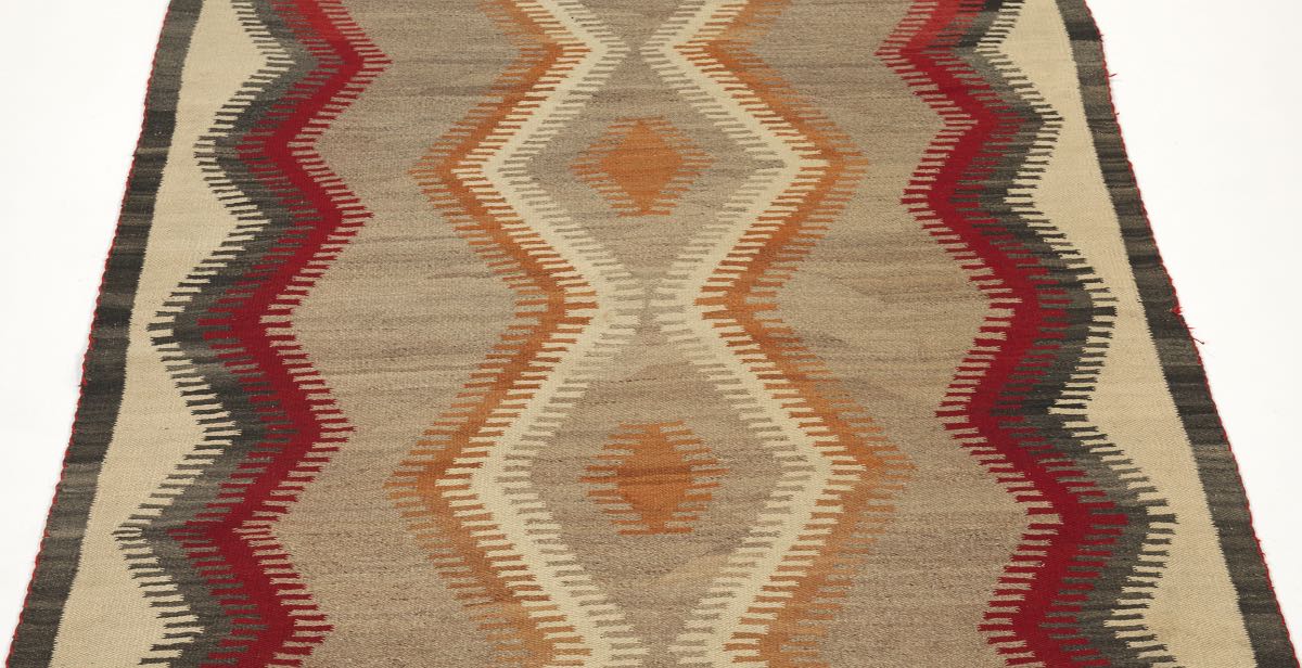 Navajo Blanket, ca. 1900-1940's  6'5" x 3'11"Homespun yarn in cochineal red, gold, grey, and - Image 2 of 2