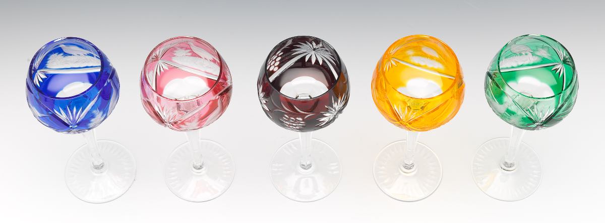 Eleven Bohemian Cut Back Wine Goblets 7-1/2"Of various colorations, tall cut crystal wine goblets - Image 5 of 12