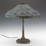 Leaded Glass Table Lamp 22" x 19-1/2"Table lamp with a large cast bronze Art Nouveau style base with