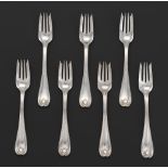 Seven Tiffany & Co. Sterling Silver Forks, "Colonial" Pattern. 6-7/8"Four-tine, bowl with