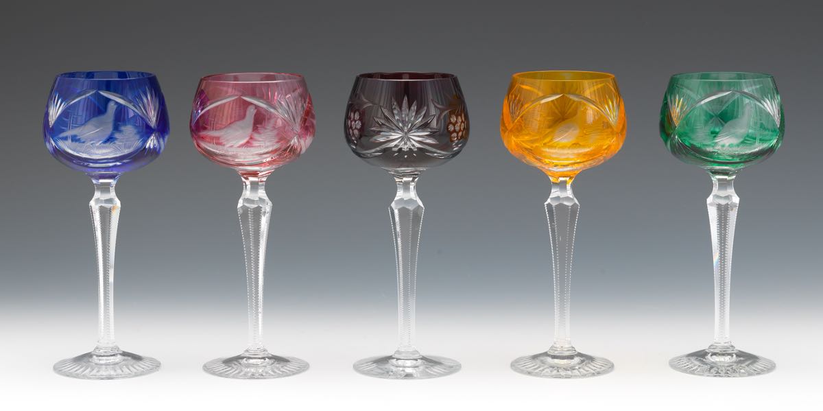 Eleven Bohemian Cut Back Wine Goblets 7-1/2"Of various colorations, tall cut crystal wine goblets - Image 2 of 12