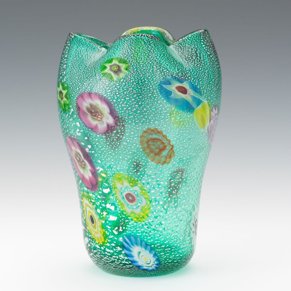 Murano Italian Millefiori Glass Vase 8-1/4"Heavy blown glass vase, millefiori design on a - Image 2 of 7