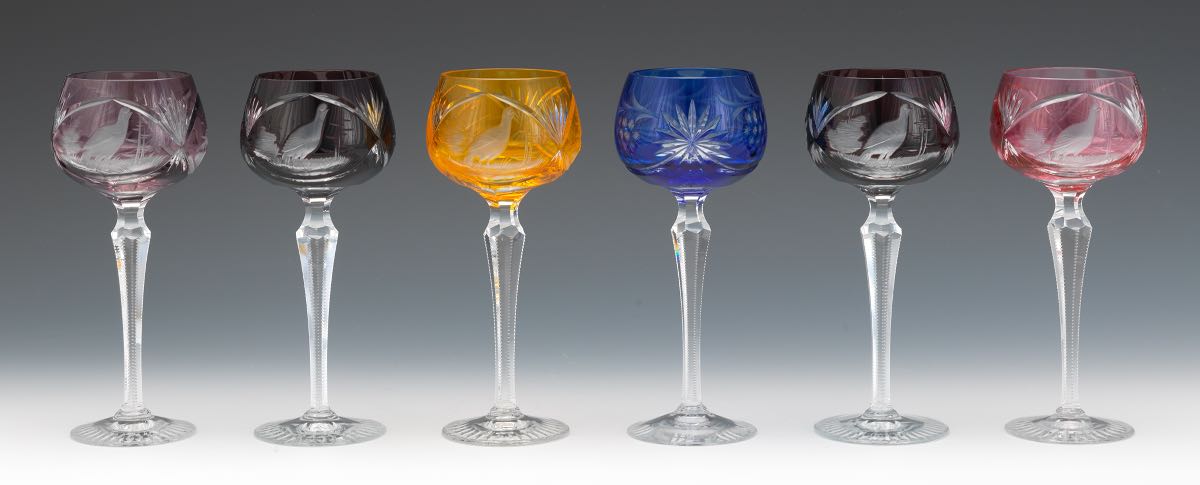 Eleven Bohemian Cut Back Wine Goblets 7-1/2"Of various colorations, tall cut crystal wine goblets - Image 7 of 12