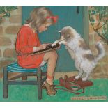 Jessie Willcox Smith (American, 1863-1935) 13-1/2" x 15-1/4"board "A Girl with a Cat" ("Learning").