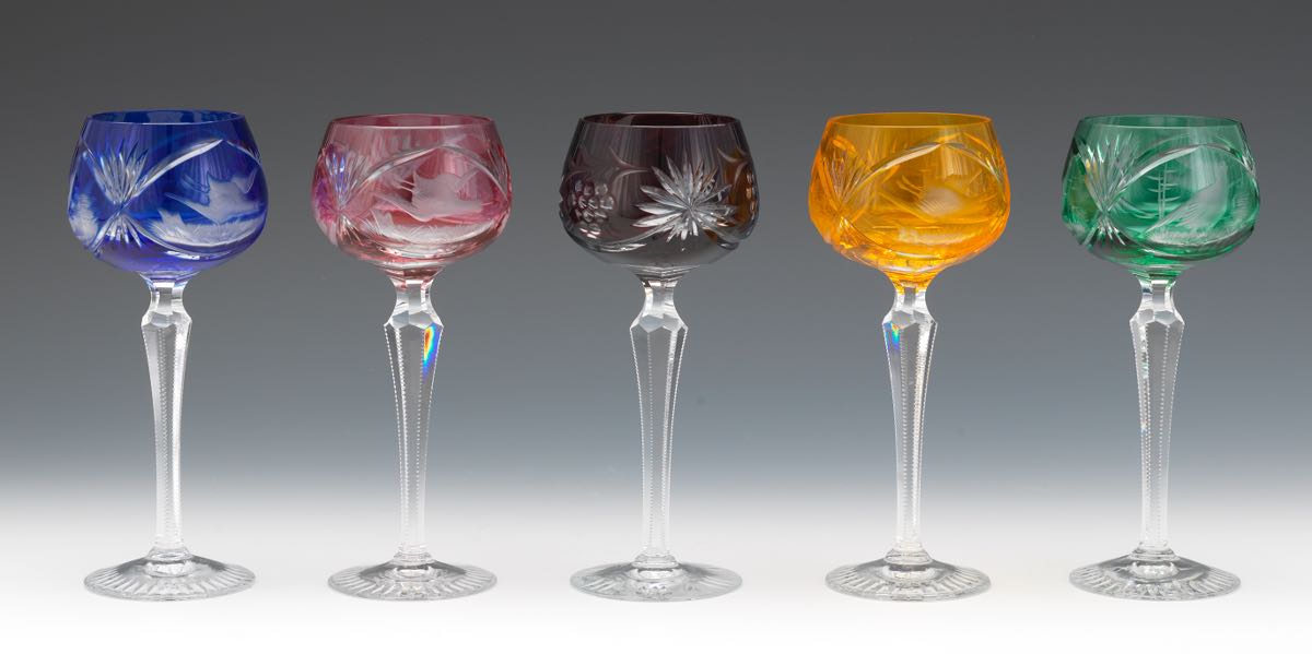 Eleven Bohemian Cut Back Wine Goblets 7-1/2"Of various colorations, tall cut crystal wine goblets - Image 3 of 12