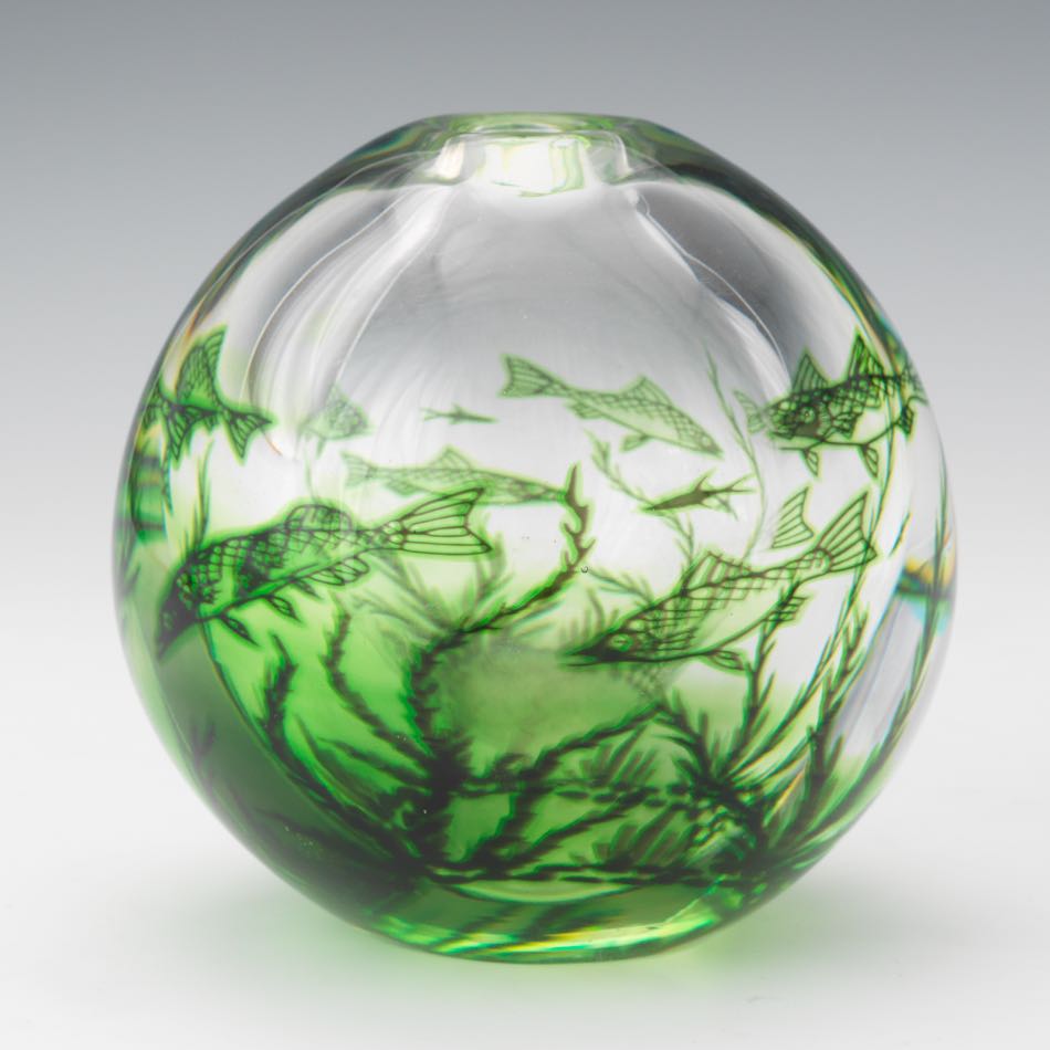 Edward Hald for Orrefors Fish Graal, Swedish, ca. 1950 5"A heavy, thick-walled, round, glass vase - Image 2 of 7