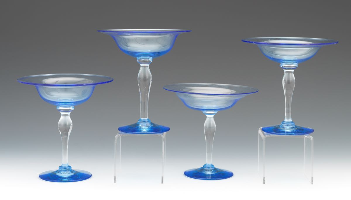 Four Blue Glass Compotes nullFour clear blue and clear blown glass compotes in a shape by Steuben, - Image 4 of 6