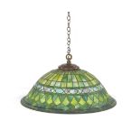 Leaded Glass Hanging Pendant Lamp 24-1/2"Hand made, using old glass, green glass with blue trim at