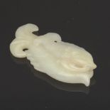 Carved White Jade of Two Fish 1-5/8" x 3-5/8"Carved jade of two fish with brown inclusions.