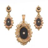 Victorian Etruscan Revival Set of Gold, Onyx and Pearl Pair of Earrings and Pendant/Brooch 2-1/4"