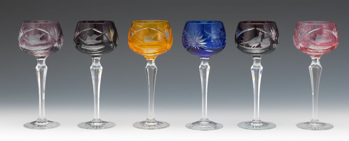 Eleven Bohemian Cut Back Wine Goblets 7-1/2"Of various colorations, tall cut crystal wine goblets - Image 10 of 12