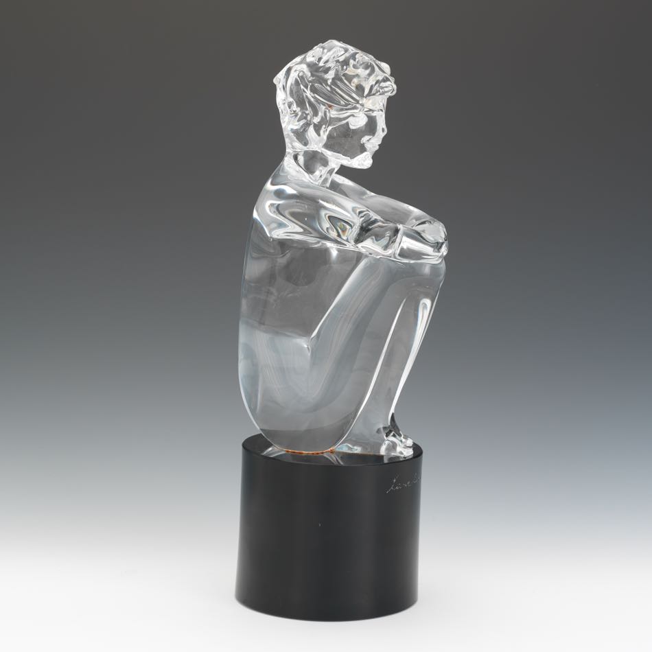 Loredano Rosin  (1936 - 1992)  15-1/2"Clear glass seated male, on round black glass base, artists - Image 5 of 7