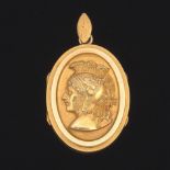 Victorian Gold Locket Pendant  1-3/8 x 1 in. 18k yellow gold oval locket depicting a profile of a