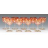 Nine Moser Ruby Red Glass Gilt/Bejeweled and Enameled Goblets 4-3/8" x 2-5/8"Blown glass bowl on