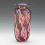 John Lotton Iridescent Ruby Red Art Glass Vase in "Lilly Pads" Pattern, dated 1989 9-1/2" x 4-3/4"