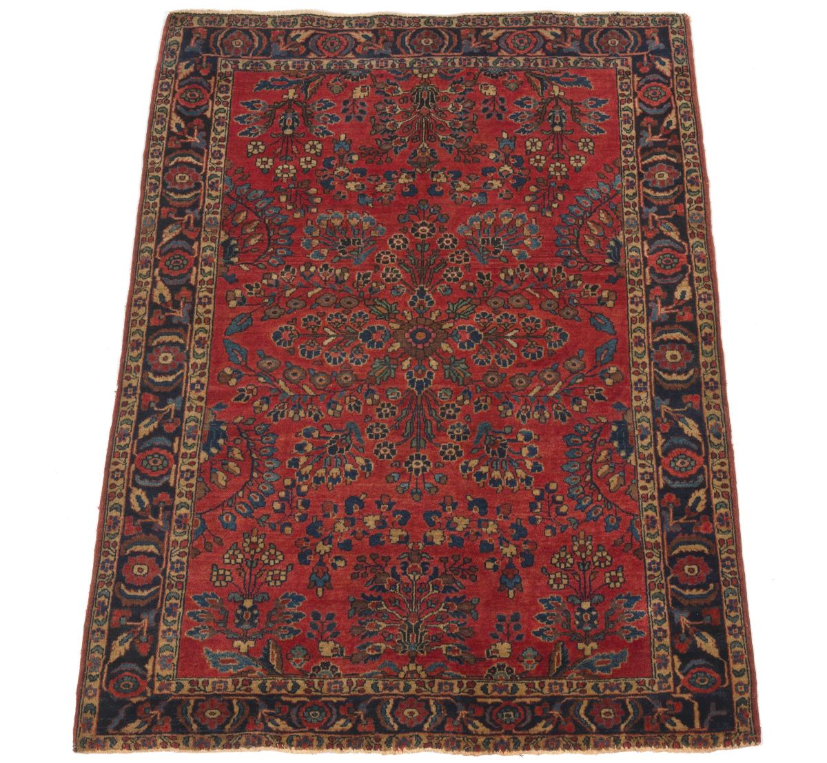 Sarouk Carpet, 20th Century 5' x 3'6"Low dense wool pile on cotton weft. Field with central