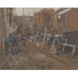 James Kay (Scottish, 1858-1942) 20" x 23 3/4" board size"Clyde Dockyard". Watercolor on ragboard,