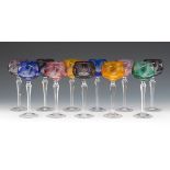 Eleven Bohemian Cut Back Wine Goblets 7-1/2"Of various colorations, tall cut crystal wine goblets