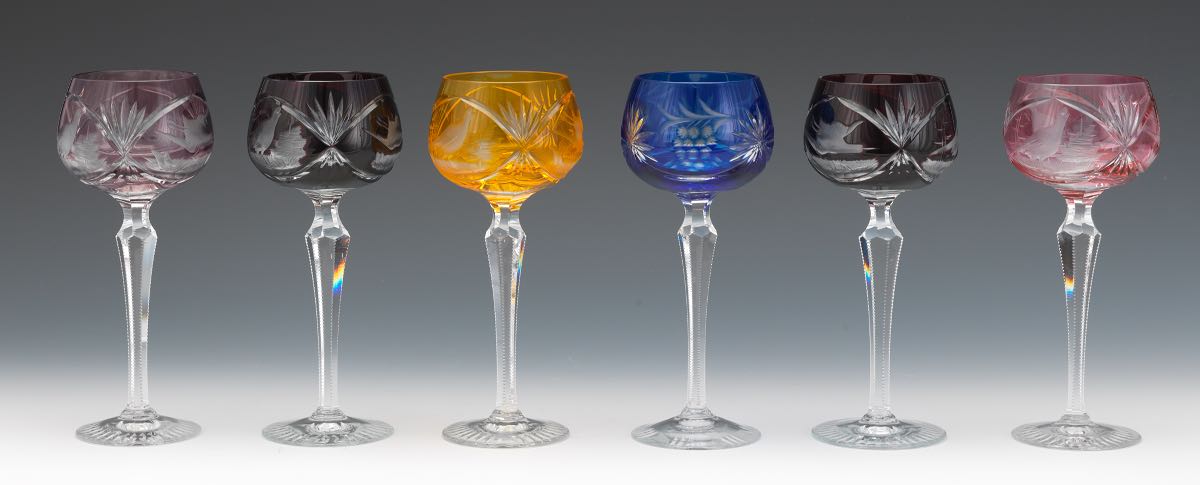 Eleven Bohemian Cut Back Wine Goblets 7-1/2"Of various colorations, tall cut crystal wine goblets - Image 9 of 12